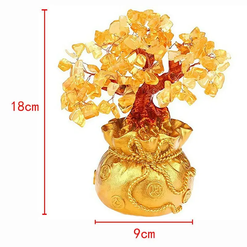 Фэн-шуй дерево богатства и денег с желтым цитрином, аметистом и кристаллами, духовная удача, украшение фортуны с золотой слиткой Юаньбао.
