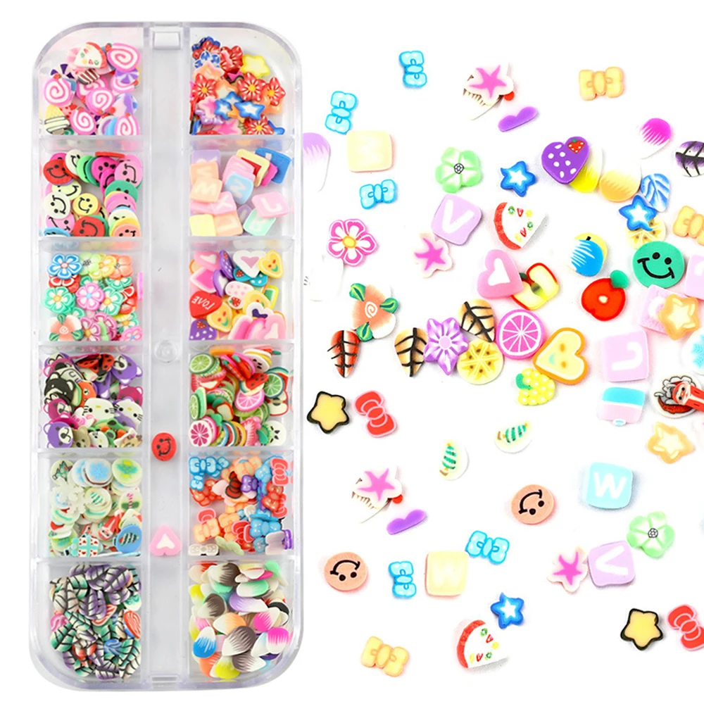 

12 Grid Mixed Polymer Soft Clay Slice Flakes for Nails Art Epoxy Resin Silicone Mold Fruit Flower Slime Filler Making Kit DIY