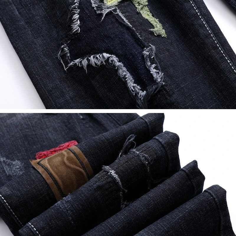 

Europe And The United States Trend Elastic Jeans Foreign Trade Amazon Jeans Men's Autumn And Winter Holes Cut Broken Stickers