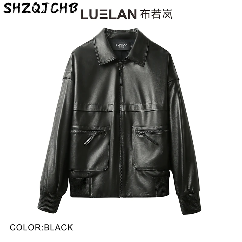 

SHZQ 2021 кожаная куртка, кожаная куртка, Женская Короткая свободная стильная модная мотоциклетная кожаная куртка из овчины
