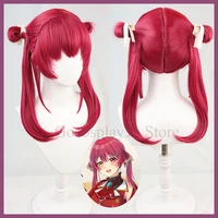 vtuber houshou marine wig hololive girls youtuber cosplay long straight ponytails buns red synthetic hair role play free wig cap