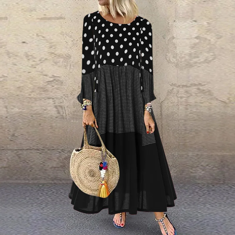 Женское платье в горошек с v-образным длинное платье с принтом длинное платье Винтаж Для женщин хлопковые и льняные платья Женский костюм, накидка, Восточный халат Vestido Femme - Цвет: Черный