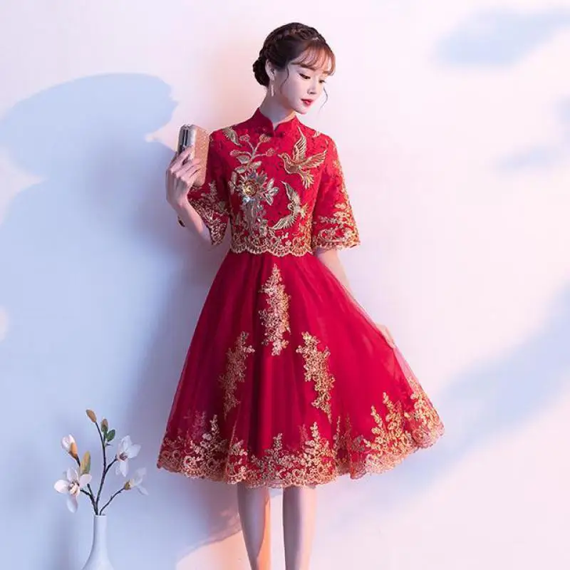 

Pleated Wedding Party Dress Gown Flower&Phoenix Appliques Cheongsam Lace-Mesh Patchwork Qipao Sequins Mandarin Collar Vestidos