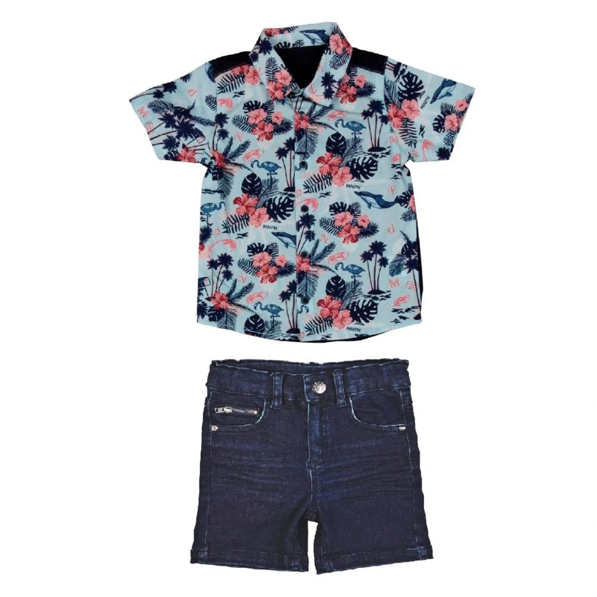 

Bebepan Seaside Printed Shirt Jean Shorts Set
