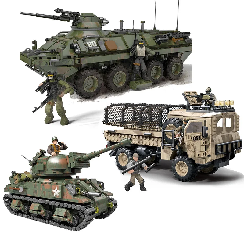 

Military Series WWII Armored Vehicle Sherman Tank Heavy Tactical Truck Soldier SWAT Building Blocks Bricks Toys Gifts