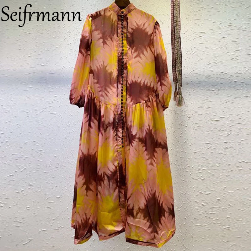 

Женское однобортное платье-миди Seifrmann, модное дизайнерское праздвечерние чное платье-трапеция с рукавами-фонариками и поясом, осень 2021