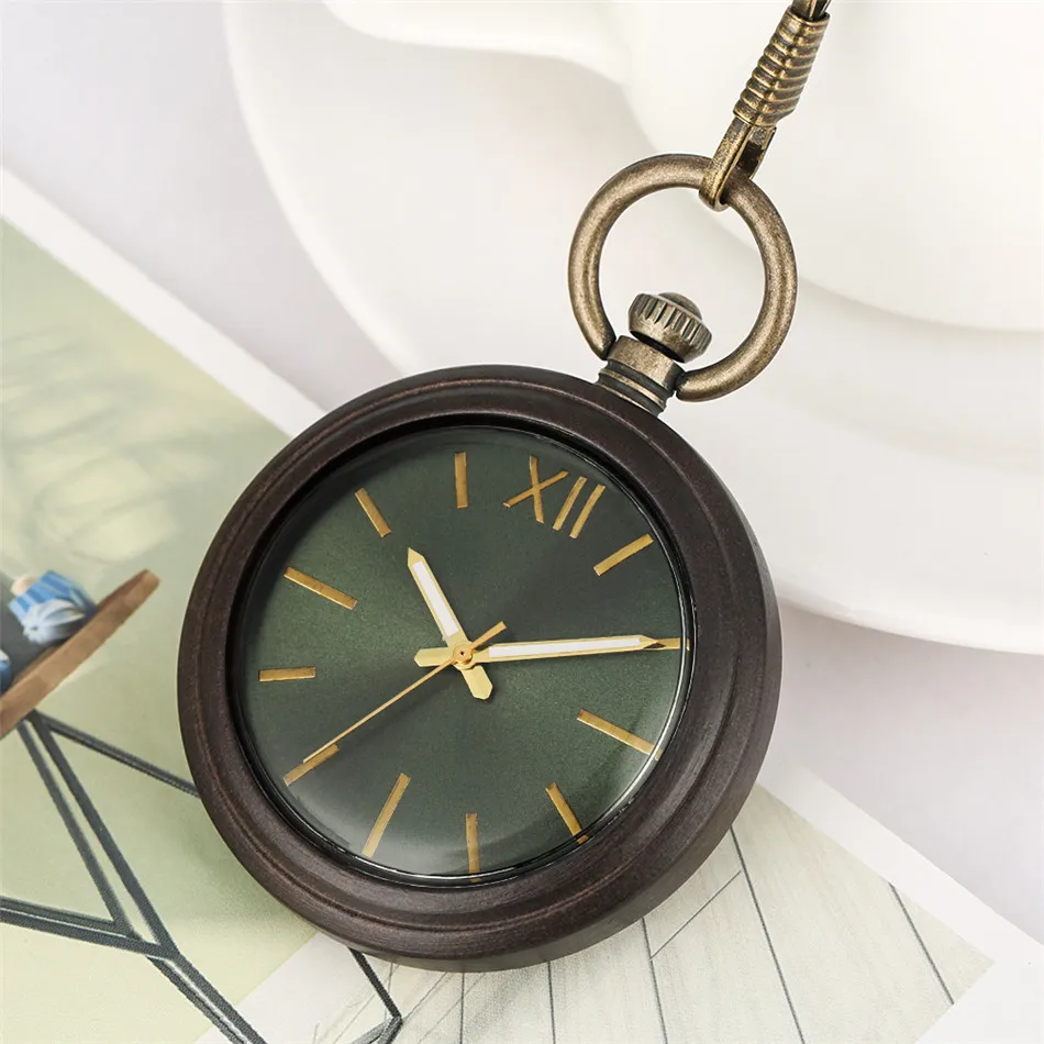 

Часы со светящимися стрелками, темно-зеленый циферблат, кварцевые, бронзовые, карманные часы с отделкой из дерева, винтажные карманные часы ...