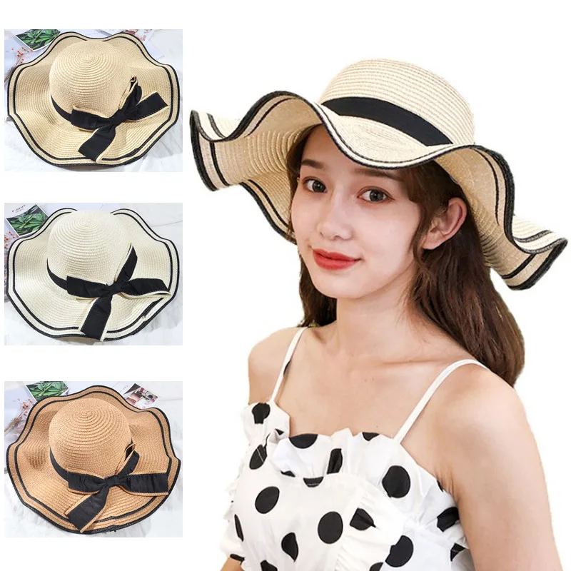 Шляпа женская Соломенная с широкими полями Пляжная Складная Панама бантом