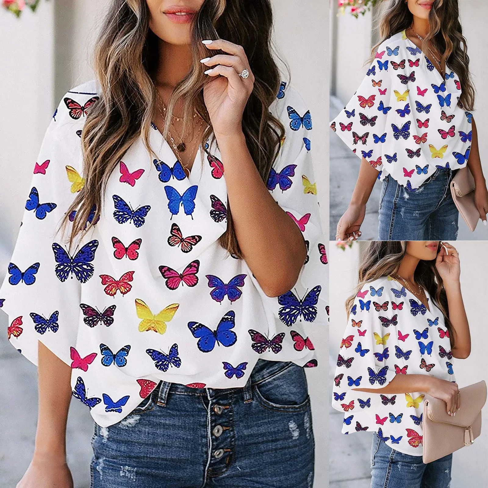 

Женская рубашка с принтом бабочки, рубашка, топы, рубашка с коротким рукавом, топы, 2021, летняя повседневная женская одежда, туника, блузы, пул...