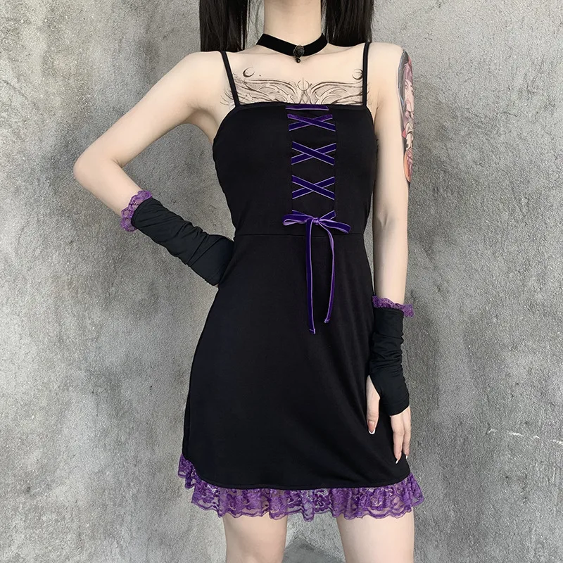 

Dark Wind Lace Dress Women's Bandage Pierced Hollow Sleeve Sling Skirt, Sexy Dress , Club Dress