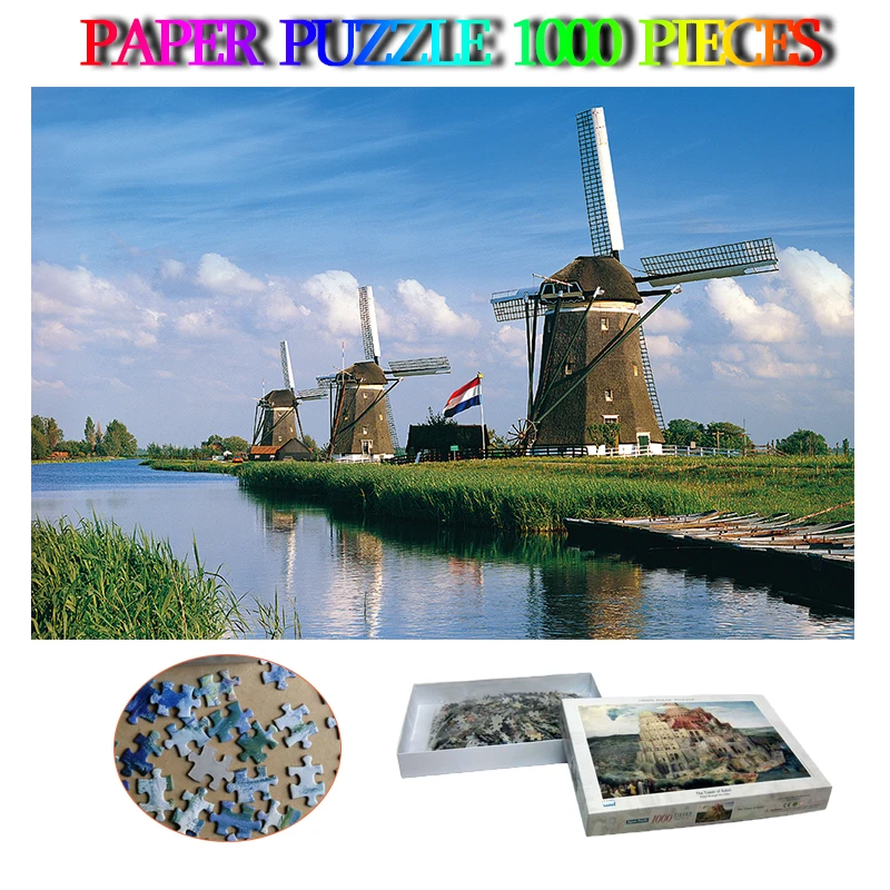 

Windmills 1000 Pieces Famous Netherlands Landscape Puzzle Plane Paper Jigsaw Puzzle Decompression Adults Difficult Puzzles Toys