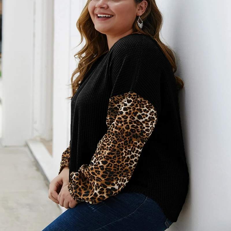 Autumn and winter women's sweater large size 6XL 7XL 8XL 9XL 10XL fashion leopard stitching long sleeve round neck bust 153CM | Женская
