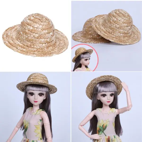

Fashion Handmade Round Straw Hat Bowler for 1\/3 Dolls Dress Up Costume Set