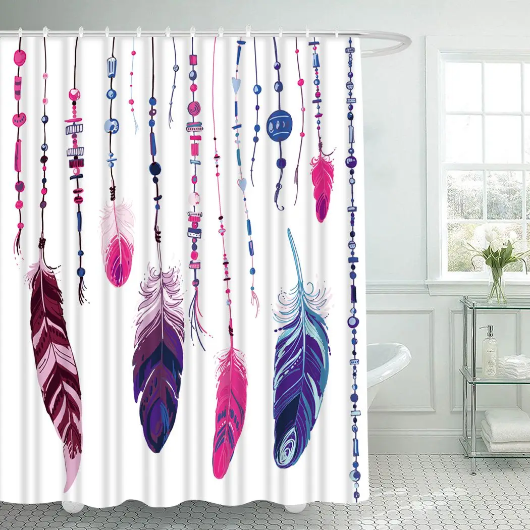 

Feathers Shower Curtain With Hooks for Bathroom Ethnic Feathers Waterproof Polyester Bath Shower Curtain Set Home Bathroom Decor