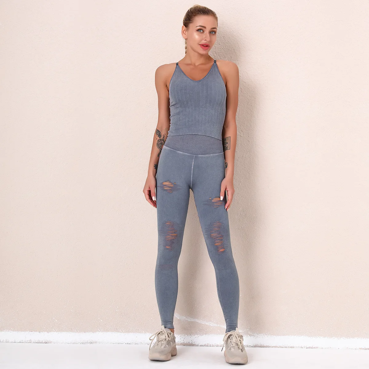 

Washed Women Fitness Yoga Set Tracksuits High Waist Hole Sport Leggings Workout Clothing Seamless Gym Sportswear Yoga Set