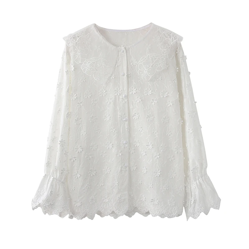 

New Embroidery Floral Lace Women's Tops Spring Korean Ruffles Women Blouse Cotton Elegant Flare Long Sleeve Lapel Shirts 13896
