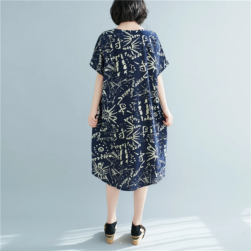 

Women's Dresses Plus Size Dress Print Retro Folk-custom O-neck A-LINE Lady Cotton Hemp Short Sleeve Dresse Mid-Calf Houthion