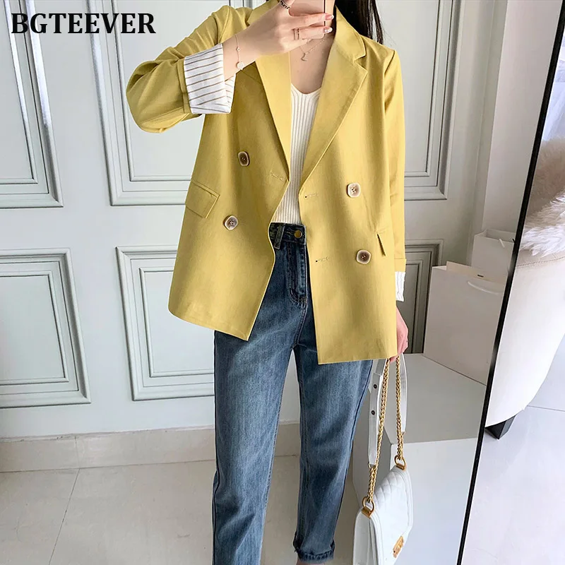 Блейзер Женский двубортный с карманами Желтый Повседневный свободный пиджак