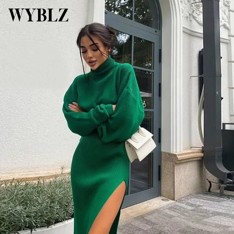 

Fashion Turtleneck Knitted Sweater Skirt Two Pieces Set Autumn Winter New Green Knitted Skirt Women Sexy Side Split Midi Skirts