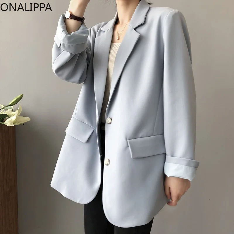

Женский блейзер ONALIPPA, осень 2021, Корейская версия, шикарный нежный стиль, однотонный, свободный, офисный, однобортный женский пиджак