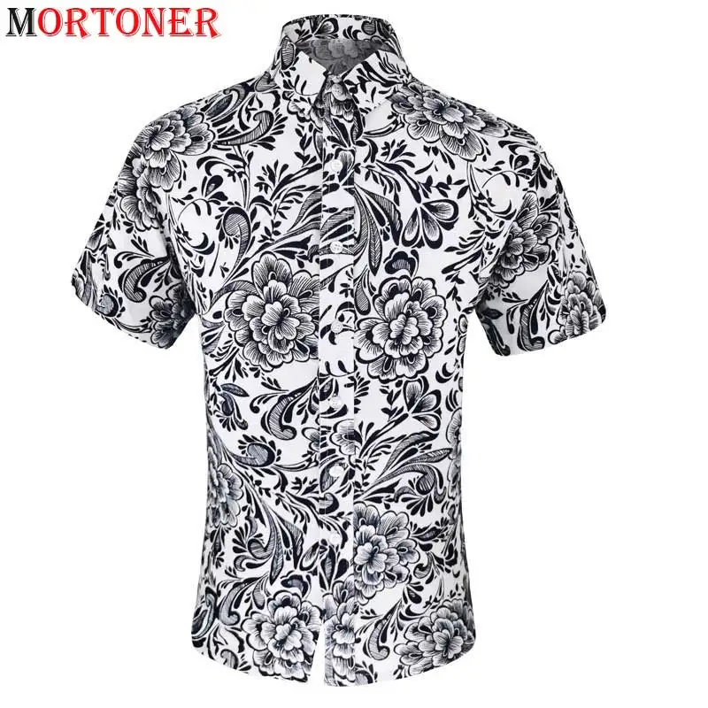 Рубашка мужская хлопково льняная с цветочным принтом Повседневная Свободная