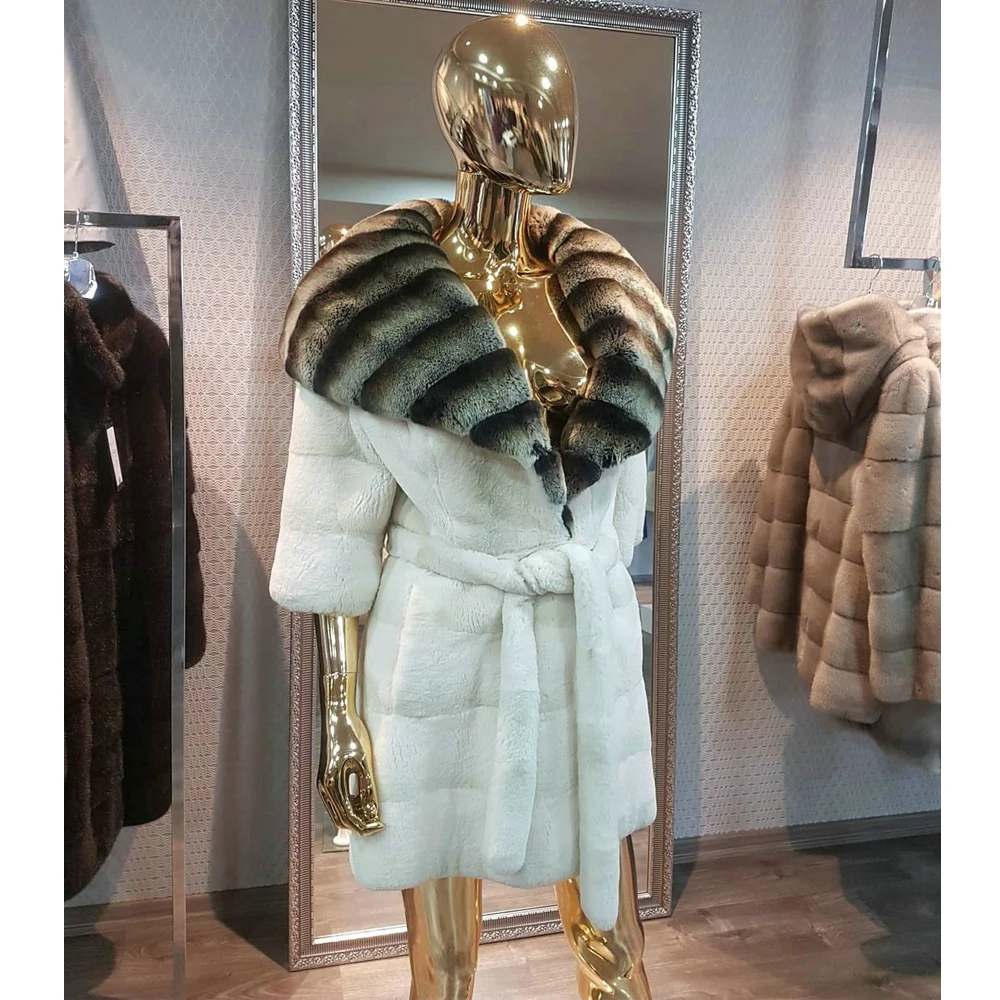 Winter Fashion Real Rex Rabbit Fur Coat Turn-down Collar Natural Women Genuine Rex Rabbit Fur Jacket with Fur Belt Warm Overcoat enlarge