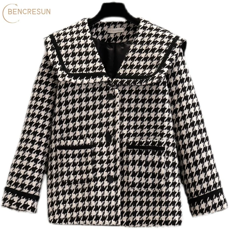 

Women Fashion Oversized Houndstooth Frayed Tweed Jacket Sailor Collar Coat Vintage Long Sleeve Pockets Female Outerwear Chic Top