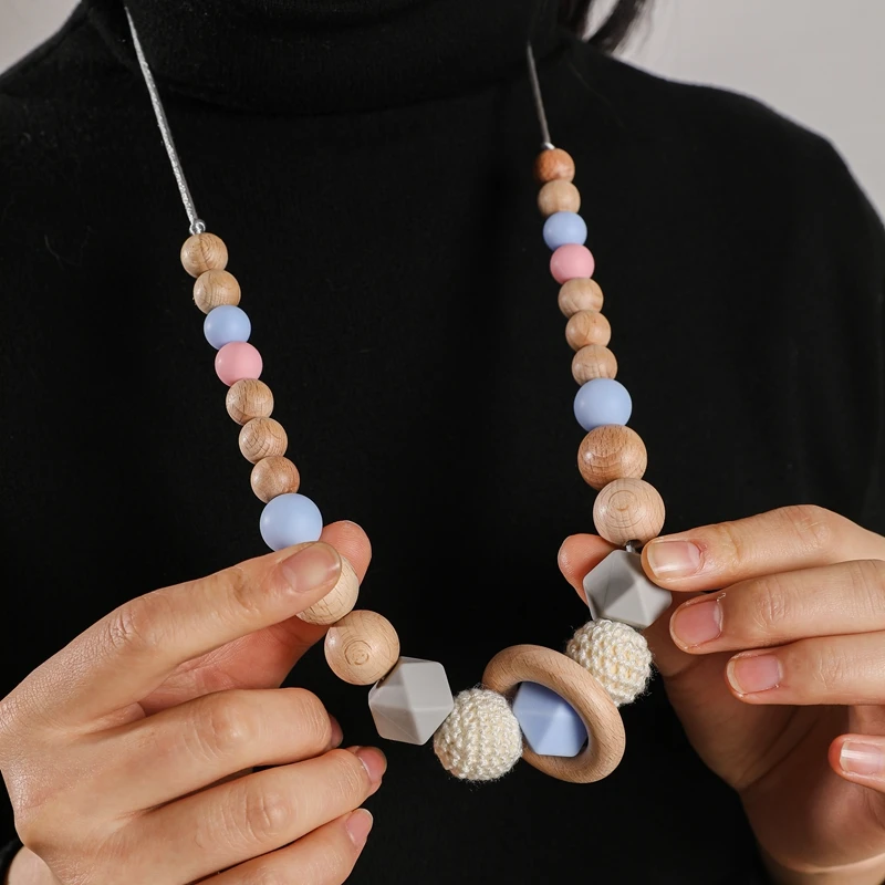 

Baby Teething Chew Necklace Silicone Necklace With Wooden Ring Food Grade Beads Long Chain Wooden Toys Gift For Baby Teether