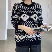autumn and winter new round neck korean jacquard sweater coat female students loose college style long sleeved knitted pullover