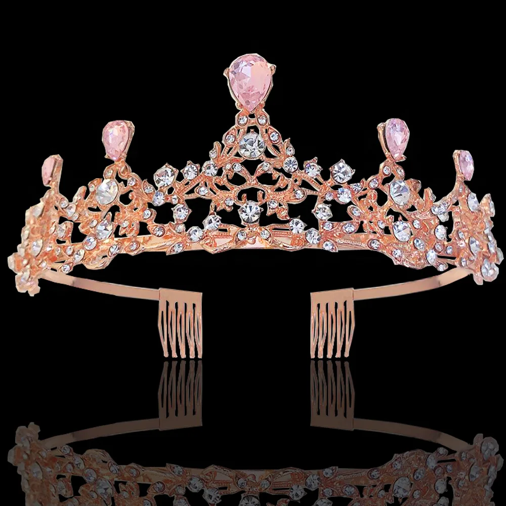 pink KMVEXO Кристалл Стразы Свадебная Корона невесты тиары И Короны головной убор аксессуары для волос для женщин свадебные головные уборы - Окраска металла: pink