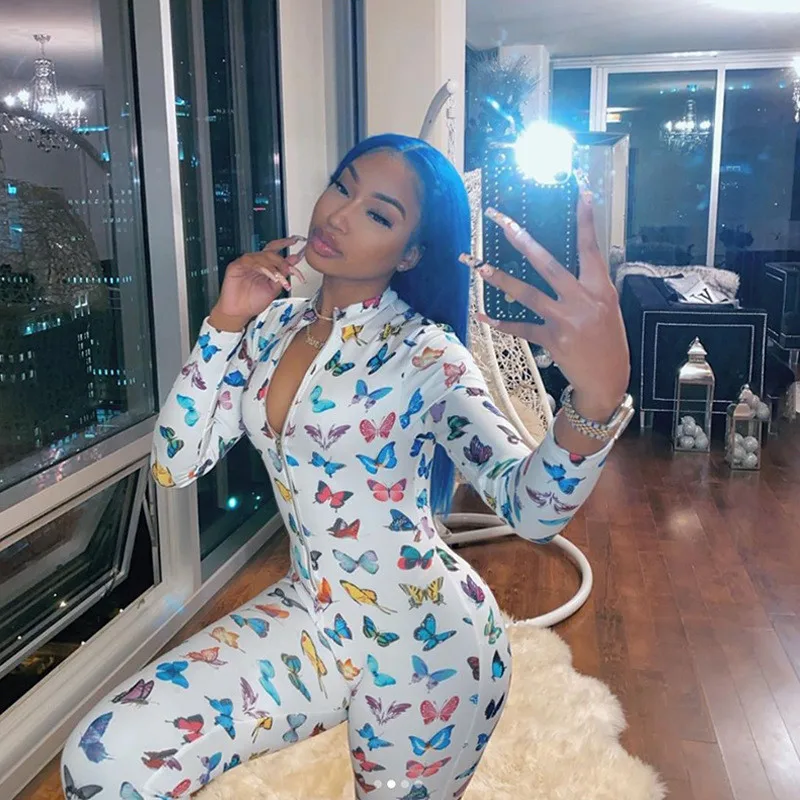 

Colorful Love Heart Print Jumpsuits Women 2020 Zipper Neck Club Outfits Sexy Long Sleeve Bodycon One Piece Hot Rompers