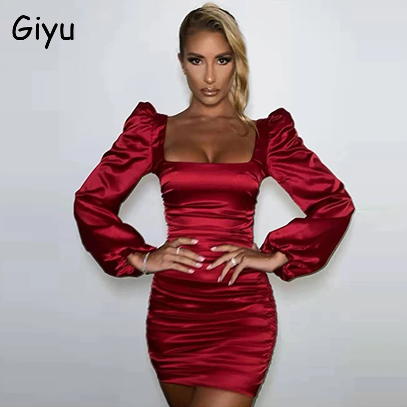 Соблазнительное атласное платье Giyu женские облегающие мини-платья с рюшами для