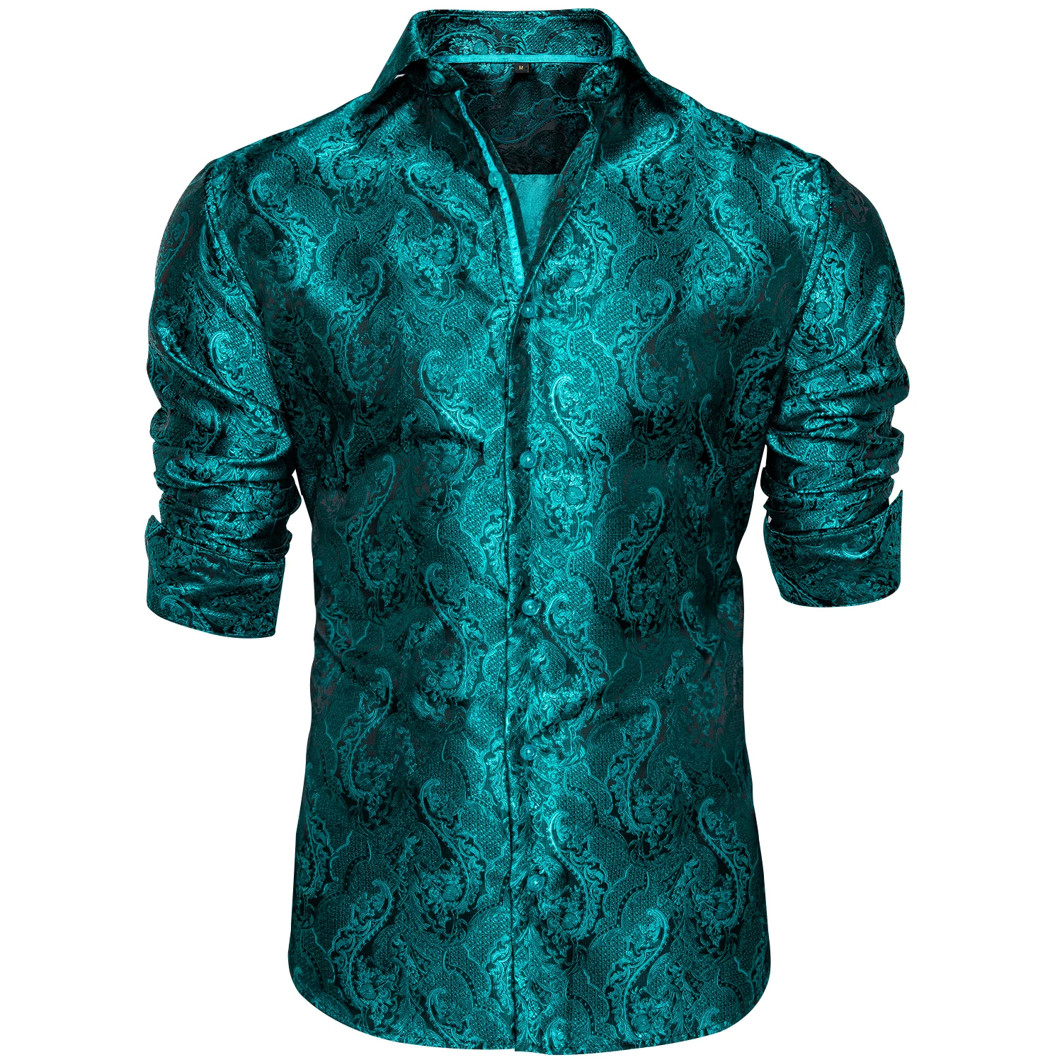 

New Fashion Men Teal Blue Paisley Long Sleeves Shirts Men's Business Casual Dress Shirt Slim Fit Silk Social Dress Shirt DiBanGu