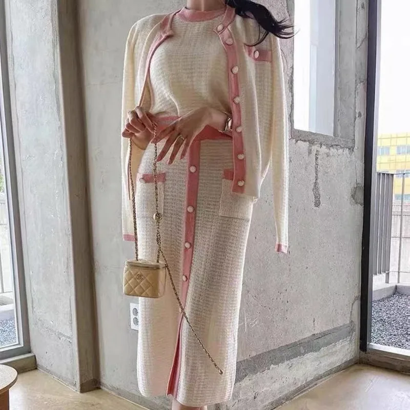 

Женский трикотажный костюм-тройка, элегантный Трикотажный костюм контрастных цветов, Кардиган с длинным рукавом, пуловер и юбка миди, осень