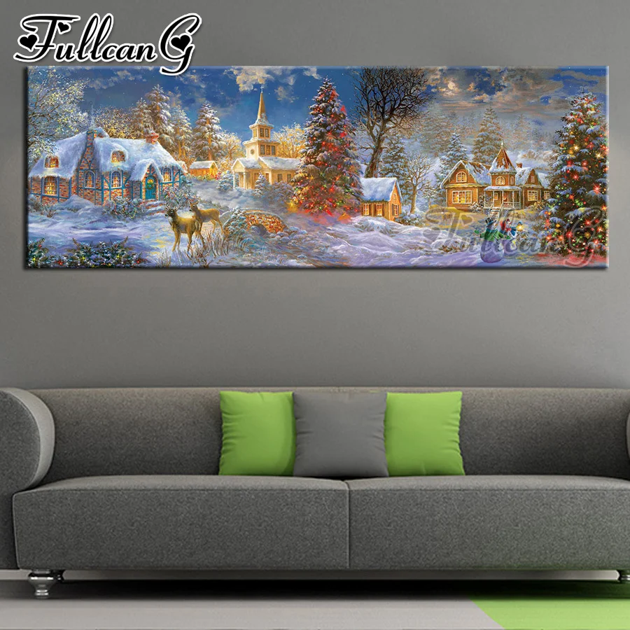 

FULLCANG Stillness of Christmas diy 5d full diamond embroidery large mosaic canvas painting scenery deer wall decoration FC2088