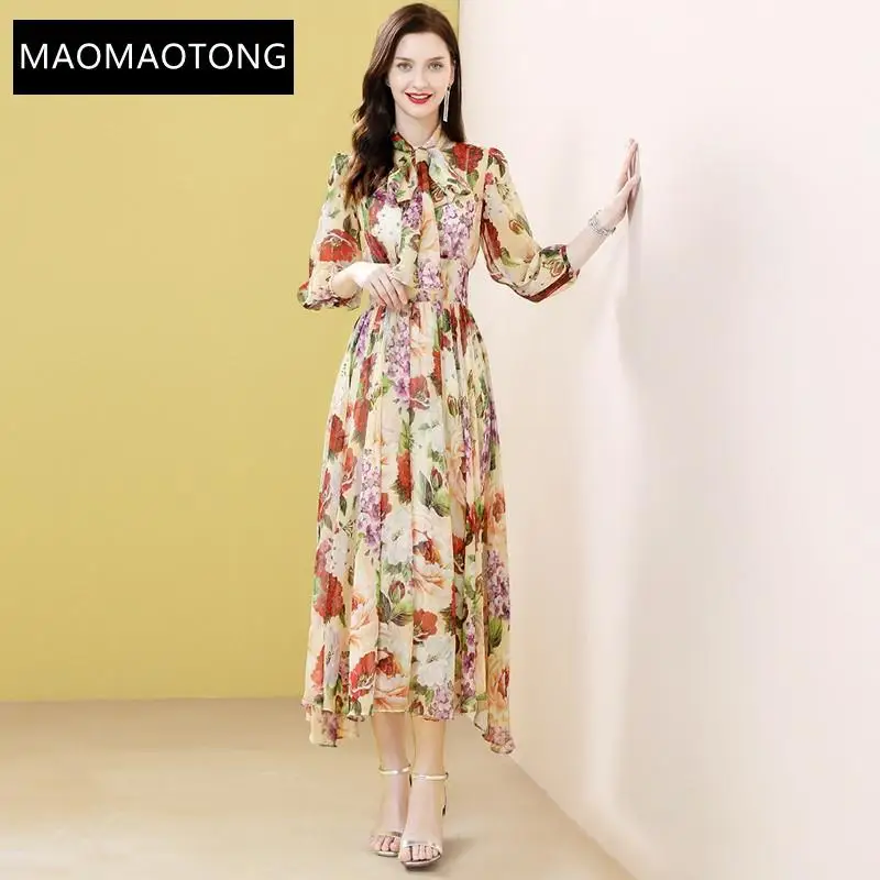 

Women's Clothing Fashion Designer Dress Spring Summer Women Dress Bow Collar Rose Floral-Print Elegant Vacation Chiffon Dresses