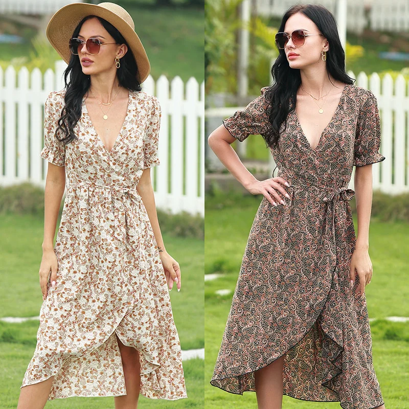 

Women's Summer Cool Dress Deep V-neck Sexy Bandage Irregular Skirt Sexy Dress Holiday Party Breathable Soft Beach Dress