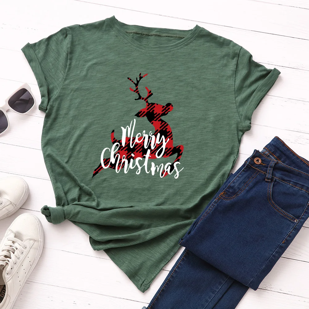 

Merry Christmas Festival Deer Women's Graphic Tees 100% Cotton Short Sleeve Crew Neck Loose T Shirt Tops Female Clothes