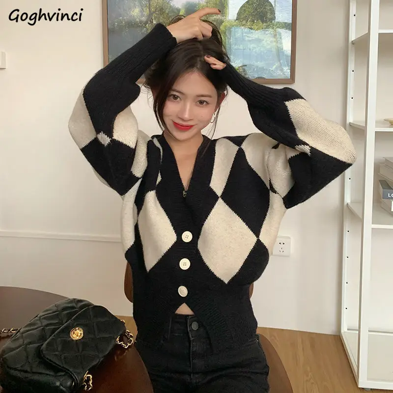 

Cardigan Women Argyle V-neck Loose Vintage All-match Leisure Tender College Slouchy Panelled Autumn Knitting Sweater Ulzzang Ins