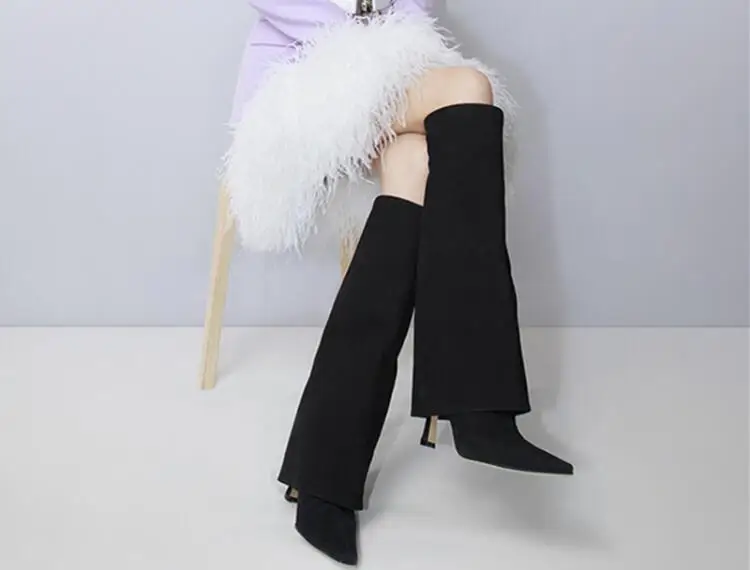 Fashion Woman Black Khaki Solid Color Suede Fold Knee High Frosted Trouser Boots Female Square Toe Tube Slip On Slim Long Botas