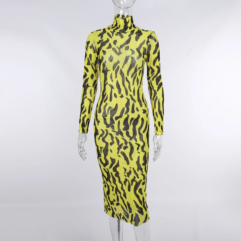 Женское облегающее платье с принтом тигра прозрачное Сетчатое миди длинным