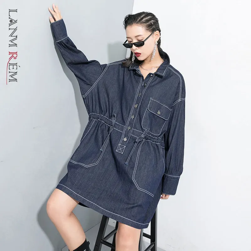 LANMREM Новинка 2020 года сезон весна джинсовые платья больших размеров с завязками на