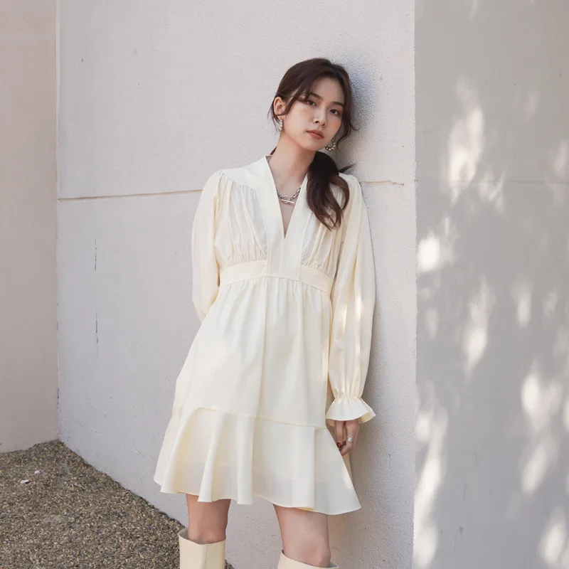 

Mfive2021 13 линия Женская Восток ворота сезон весна-лето в Корейском стиле, с v-образным вырезом, рукав-фонарик французский платье средней длины