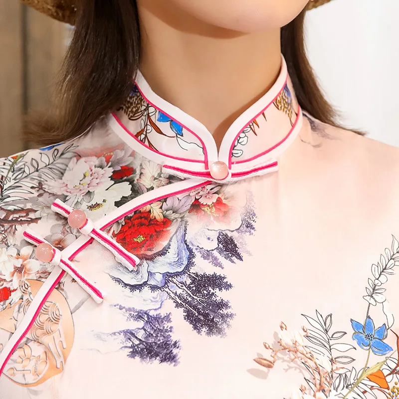 

Mid-Length Women Print Floral Straight Cheongsam Elegant Wedding Party Chinese Dresses Skirt Vintage Qipao Large Size 3XL