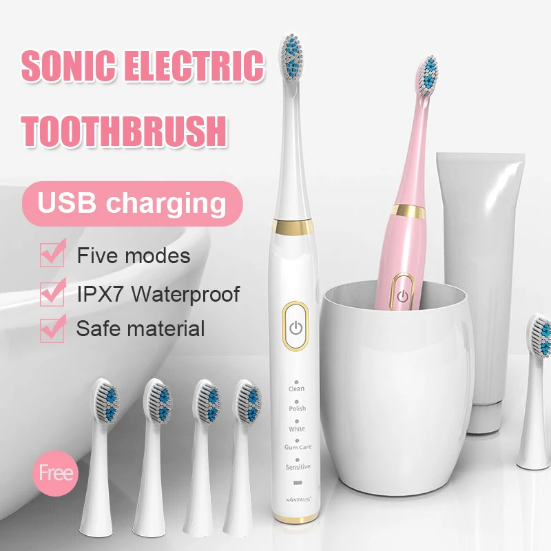 

Rechargeable Sonic Electric Toothbrush 5 Modes Waterproof Ultrasonic Tooth Adult Brush with Replacement Toothbrushs Heads