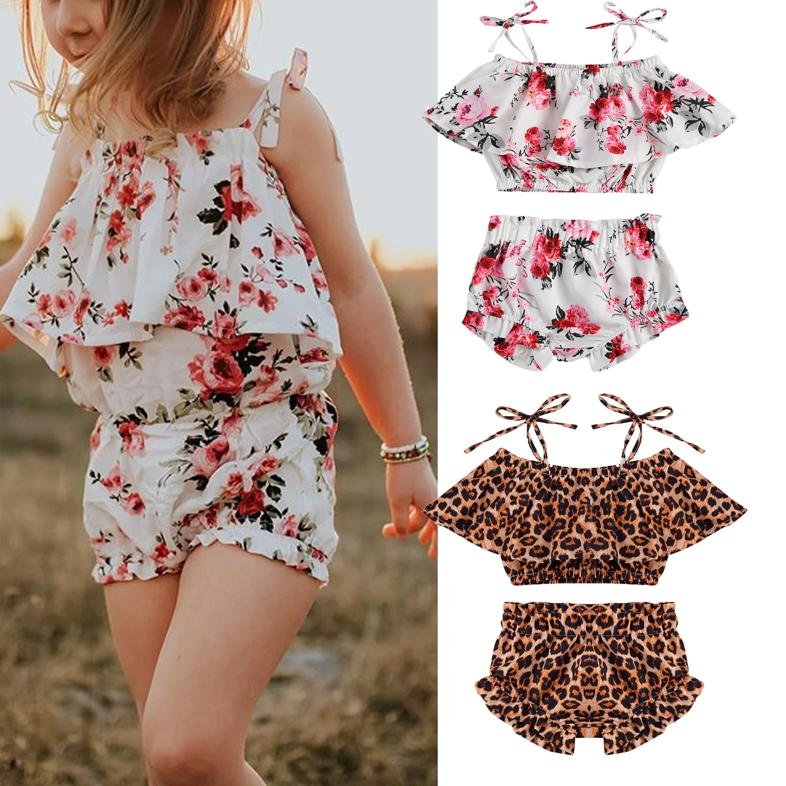 

Комплект из двух предметов для маленьких девочек, Топ без бретелек с оборками и шорты с цветочным/леопардовым принтом, летняя одежда для мал...