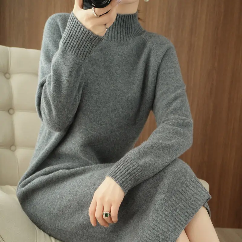 

Women 2021 Spring Autumn Solid Knitted Midi Dress Female Turtleneck Long Sleeve Sweater Dresses Lady Loose Casual Vestidos A673