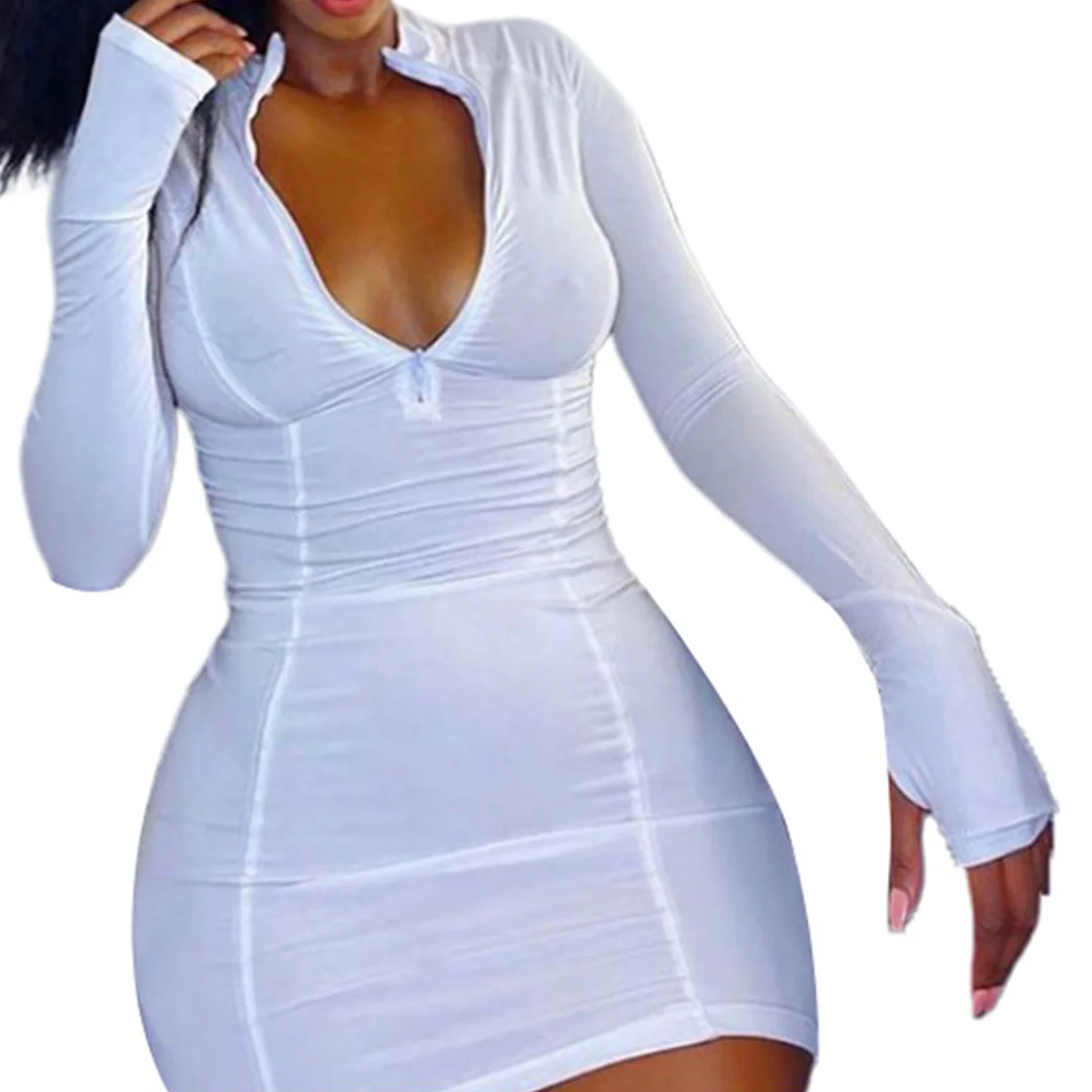 

Women Mimi Dress Long Sleeve V Neck Sexy Dress Fashion Zipper Bodycon Dress For Women Ladies 2021 New Style