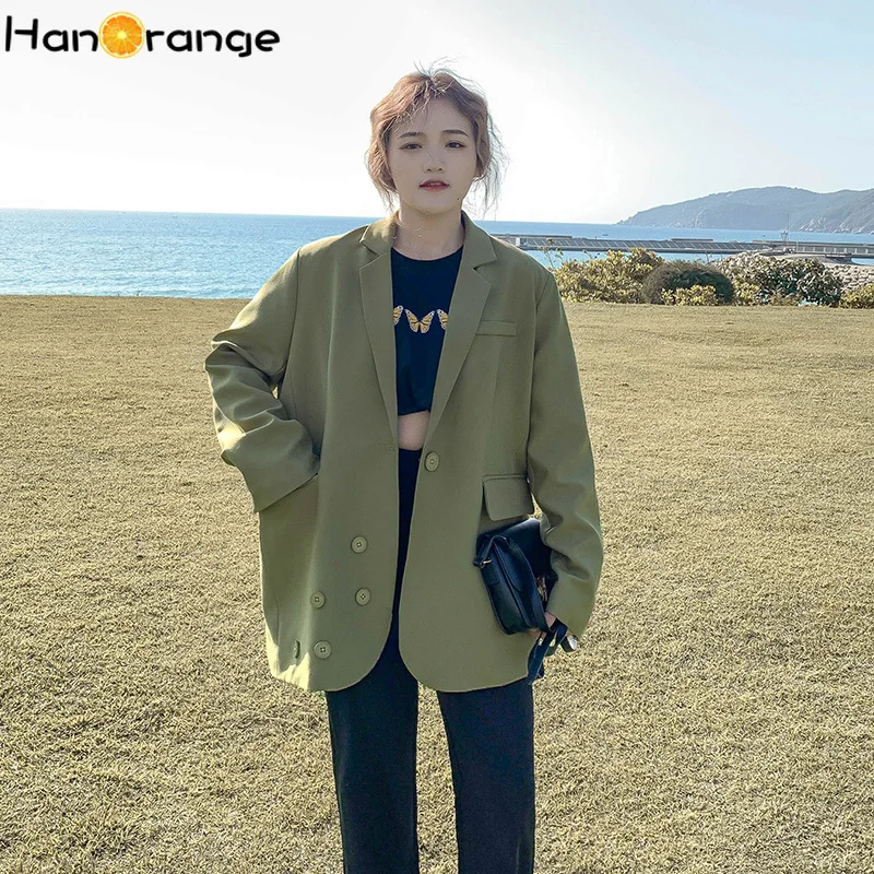

HanOrange, горчичный зеленый костюм, пальто для женщин, осень 2021, нерегулярные пуговицы, Женский Большой Блейзер, свободная куртка