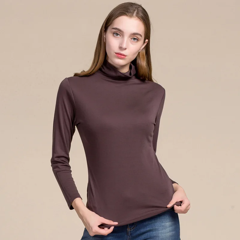 

70%Silk 30% Wool High Collar Bottom Sweater Lady's Pure Color Long Sleeve Knitted Sweater Korean Version Slim Pullover Sweater
